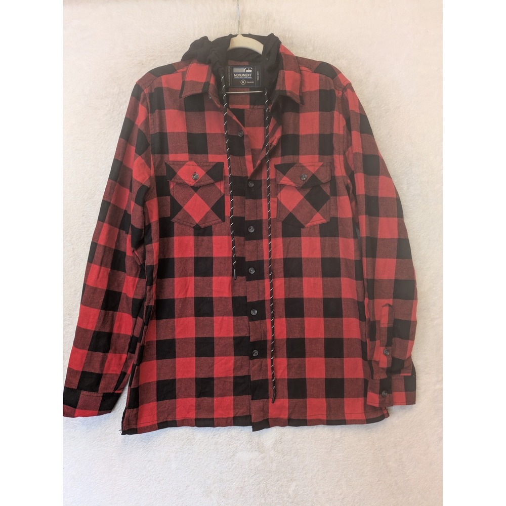 Monument Hooded Flannel Men's Size M Red Black Buffalo Plaid Button Down Shirt